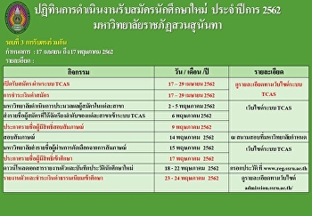 ปฏิทินดำเนินงานรับสมัครนักศึกษาใหม่ประจำปีการศึกษา
2562 มหาวิทยาลัยราชภัฏสวนสุนันทา